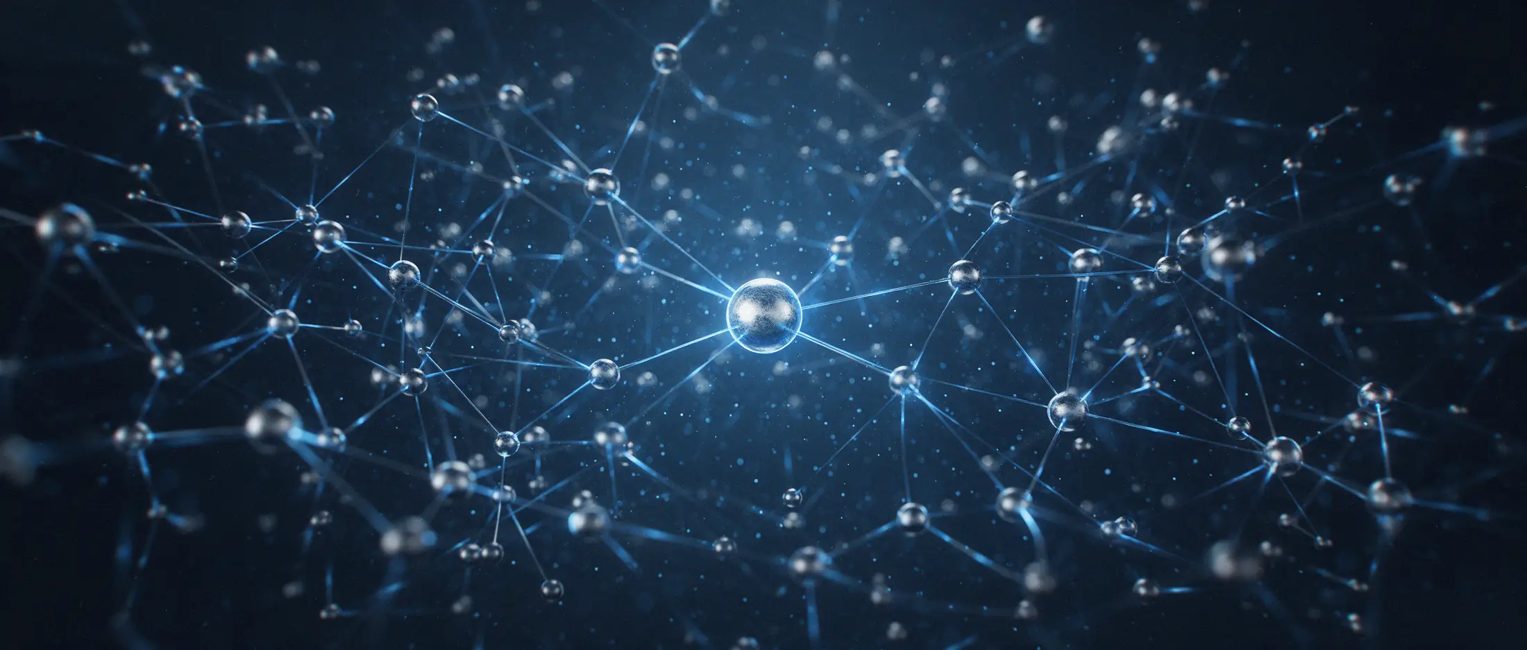 Dreidimensionales Synapsennetz aus Knoten und leuchtenden Verbindungen, ein Knoten deutlich heller als alle anderen